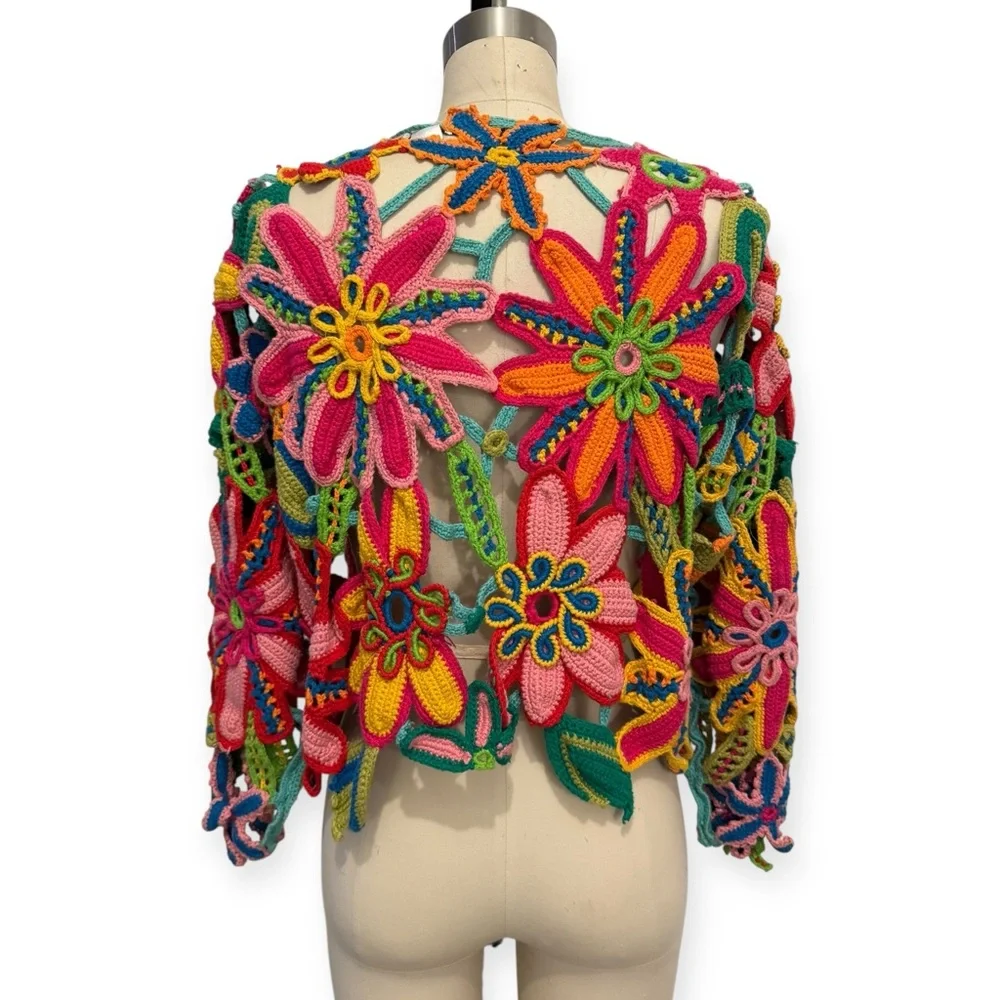 RARE Vintage MICHAEL SIMON Vibrant Multicolor Floral Crochet Beaded Cardigan - Picture 5 of 7